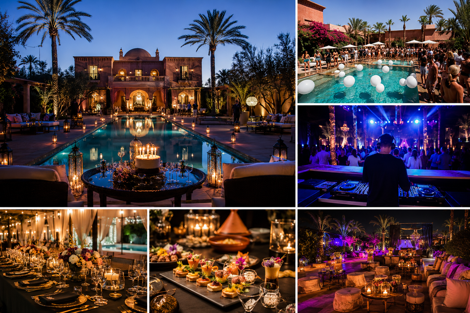 Elegant villa with palm trees and a lit pool party at dusk, candlelit tables along the waterway. Main image of a luxurious outdoor event venue at night.