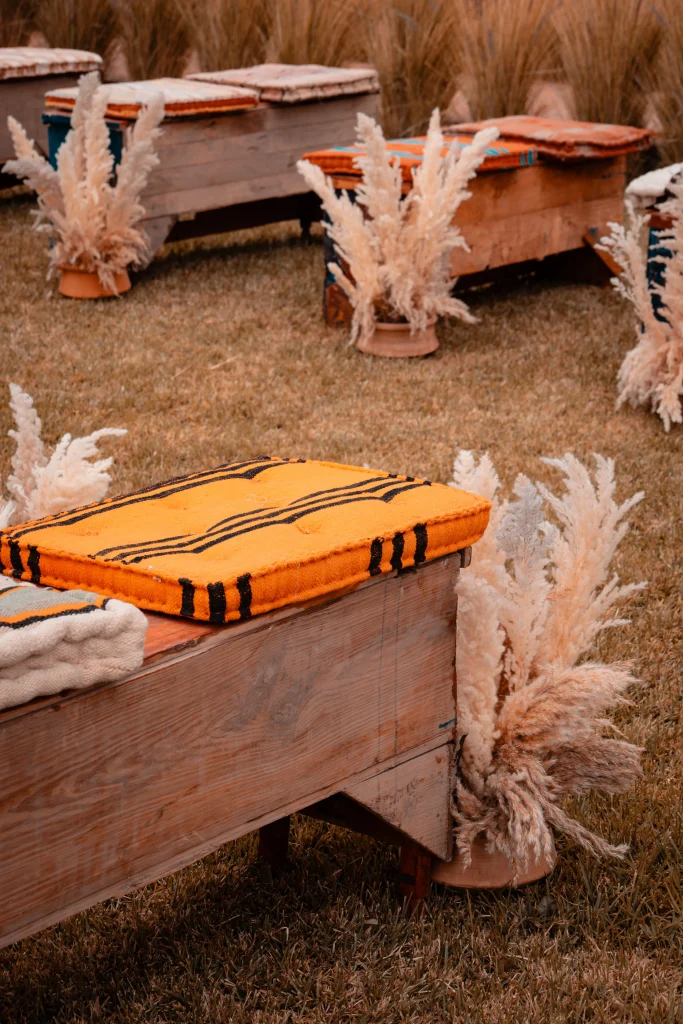 Row of wooden beehives outdoors with bright orange cushions on top, set in a grassy field amid tall pale grasses.